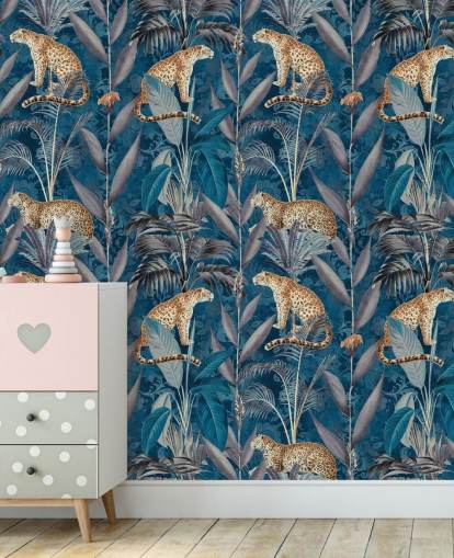 pattern repeat wallpaper on cheetahs on tropical blue background wallpaper