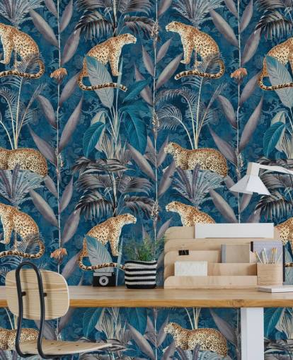 papel tapiz de repetición de patrón en guepardos en papel tapiz de fondo azul tropical