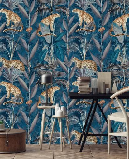fond d'écran de répétition de motif sur les guépards sur fond bleu tropical papier peint