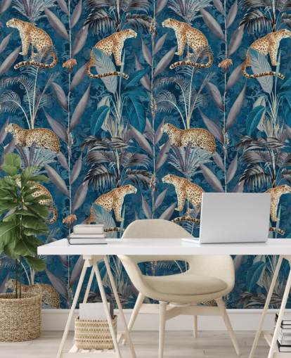 pattern repeat wallpaper on cheetahs on tropical blue background wallpaper