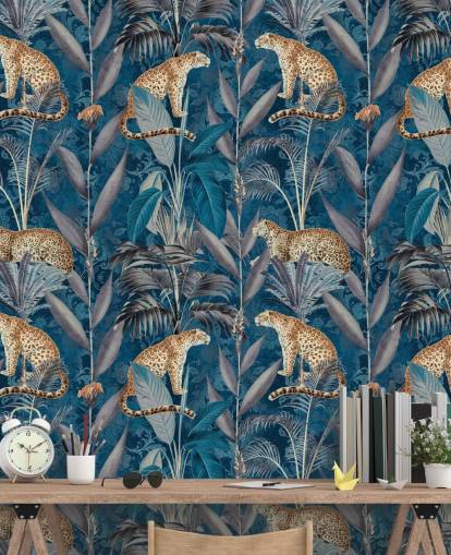 pattern repeat wallpaper on cheetahs on tropical blue background wallpaper