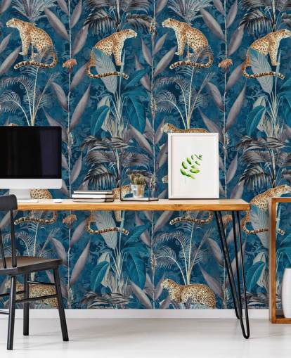 pattern repeat wallpaper on cheetahs on tropical blue background wallpaper