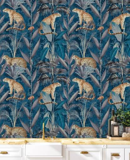pattern repeat wallpaper on cheetahs on tropical blue background wallpaper