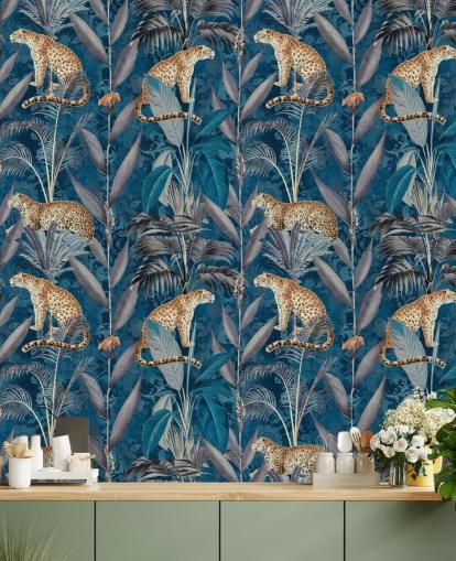 pattern repeat wallpaper on cheetahs on tropical blue background wallpaper