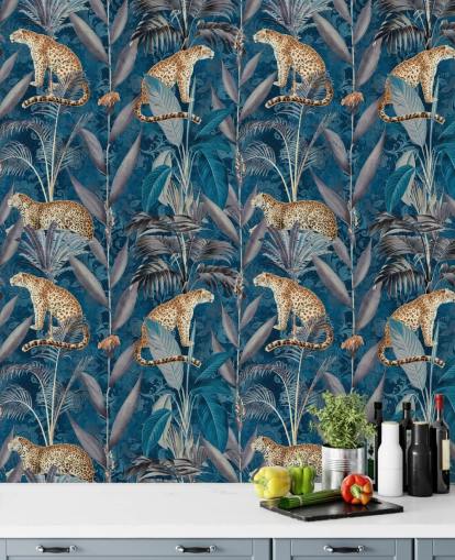 pattern repeat wallpaper on cheetahs on tropical blue background wallpaper