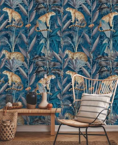 pattern repeat wallpaper on cheetahs on tropical blue background wallpaper