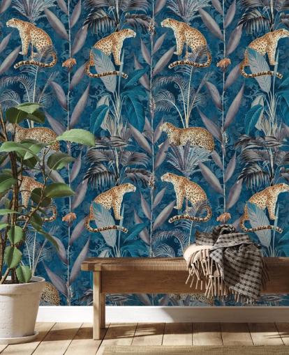 papel de parede de repetição padrão em chitas em papel de parede de fundo azul tropical