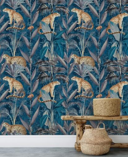 papel tapiz de repetición de patrón en guepardos en papel tapiz de fondo azul tropical