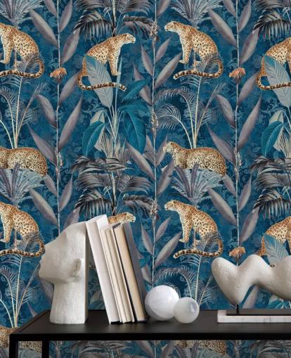 pattern repeat wallpaper on cheetahs on tropical blue background wallpaper