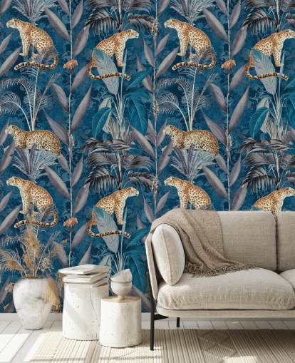 pattern repeat wallpaper on cheetahs on tropical blue background wallpaper