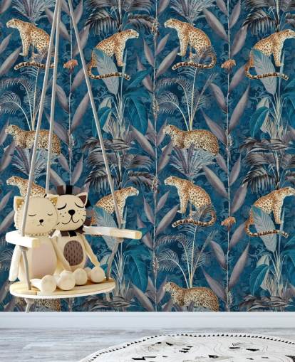 papel de parede de repetição padrão em chitas em papel de parede de fundo azul tropical