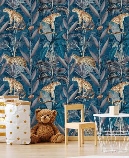 papel tapiz de repetición de patrón en guepardos en papel tapiz de fondo azul tropical