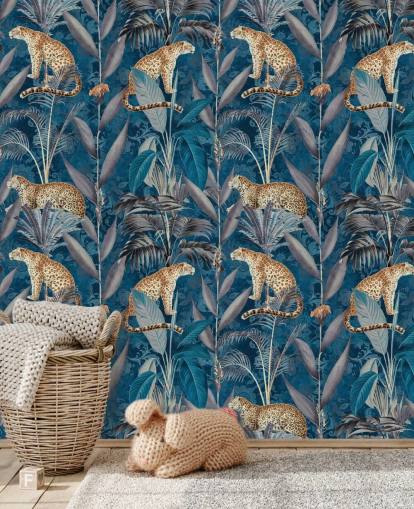 papel de parede de repetição padrão em chitas em papel de parede de fundo azul tropical