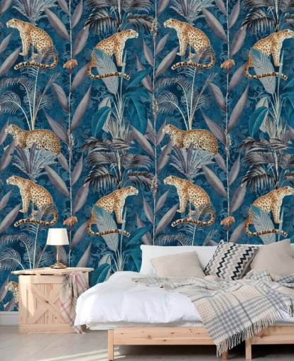 pattern repeat wallpaper on cheetahs on tropical blue background wallpaper