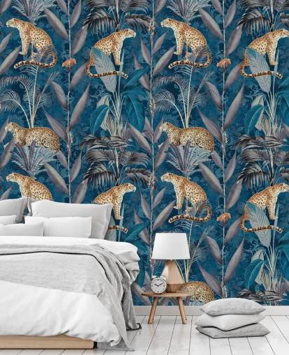 papel de parede de repetição padrão em chitas em papel de parede de fundo azul tropical