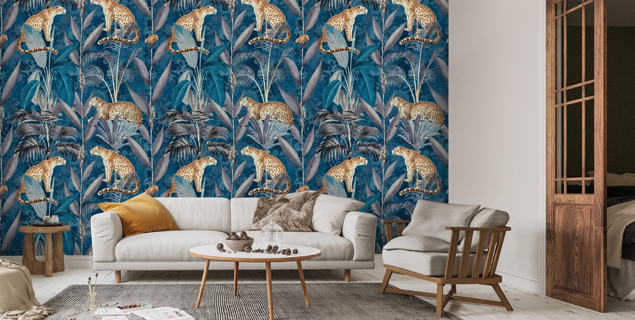 Cheetah Elegance Blue Wall Mural | Wallsauce AU
