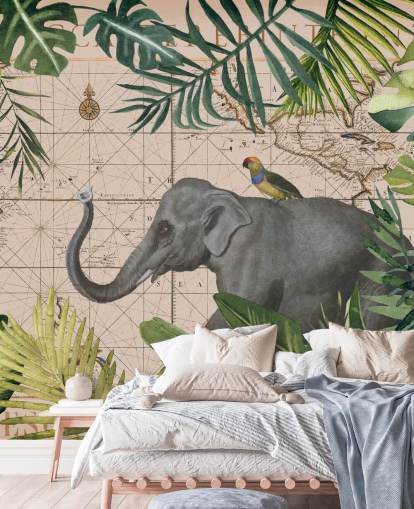 mapa de elefantes y pájaros y papel tapiz de selva