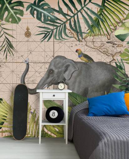elefant och fågel karta och djungel tapeter