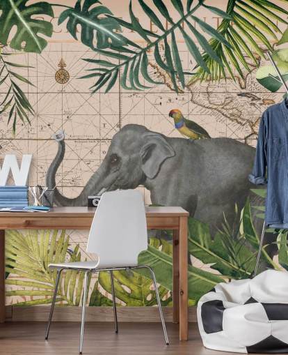 carte éléphant et oiseau et papier peint de la jungle