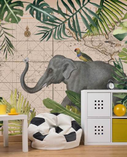 elefant och fågel karta och djungel tapeter
