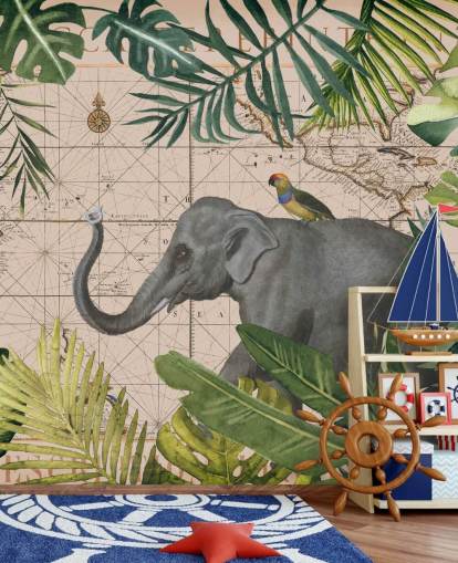elephant and bird map and jungle wallpaper
