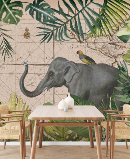 elephant and bird map and jungle wallpaper