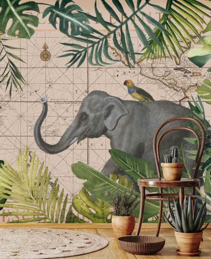 elefant och fågel karta och djungel tapeter