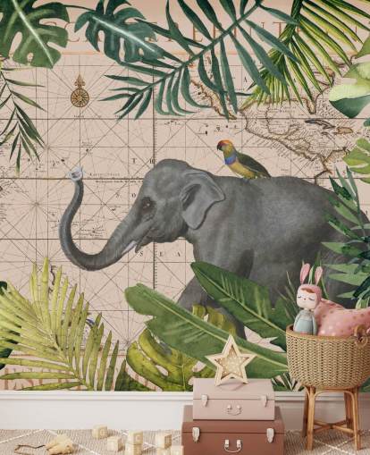 elephant and bird map and jungle wallpaper