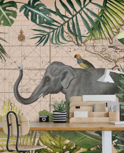 mapa de elefantes y pájaros y papel tapiz de selva