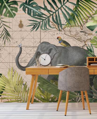 Elefant und Vogelkarte und Dschungel Wallpaper
