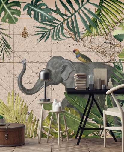 elephant and bird map and jungle wallpaper