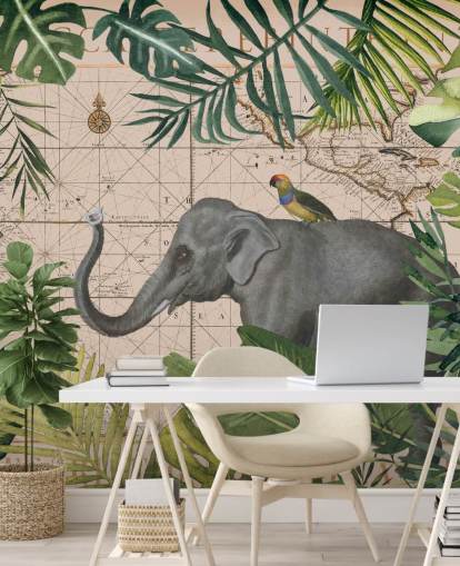 carte éléphant et oiseau et papier peint de la jungle