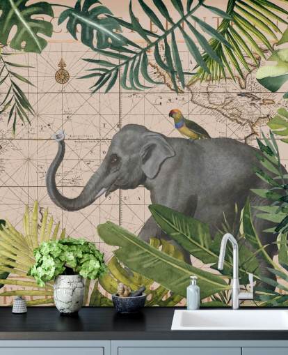 mapa de elefantes y pájaros y papel tapiz de selva