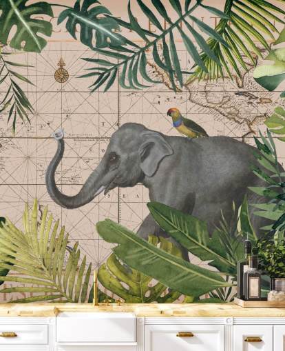 Elefant und Vogelkarte und Dschungel Wallpaper