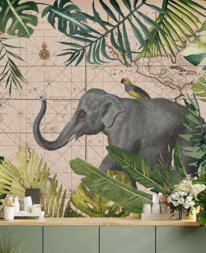 mappa elefante e uccelli e carta da parati giungla