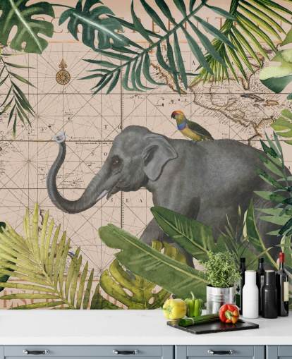 elephant and bird map and jungle wallpaper