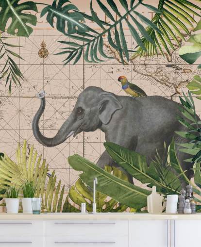 Elefant und Vogelkarte und Dschungel Wallpaper Elefant und Vogelkarte und Dschungel Wallpaper