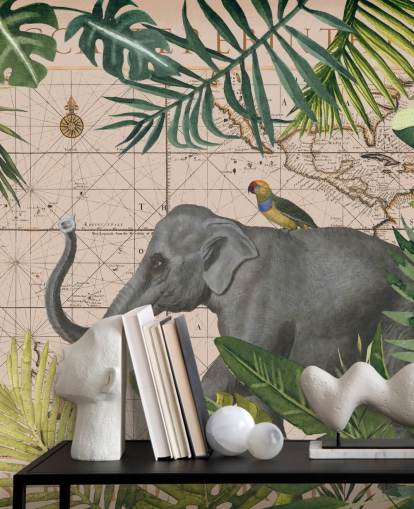elephant and bird map and jungle wallpaper