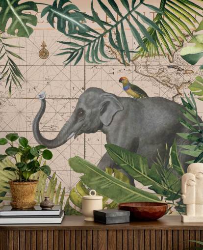 carte éléphant et oiseau et papier peint de la jungle