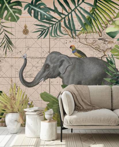 carte éléphant et oiseau et papier peint de la jungle