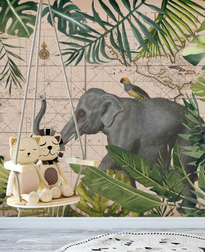 Elefant und Vogelkarte und Dschungel Wallpaper