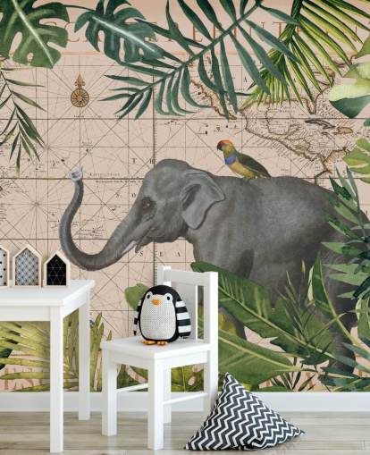 carte éléphant et oiseau et papier peint de la jungle