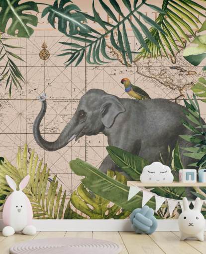 olifant en vogel kaart en jungle behang