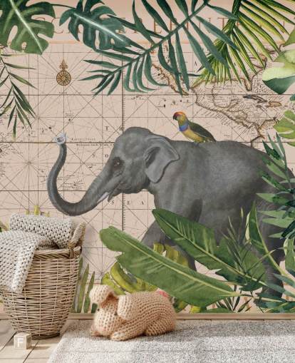 elephant and bird map and jungle wallpaper