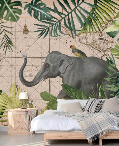 elephant and bird map and jungle wallpaper