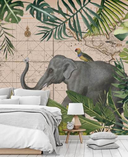 Elefant und Vogelkarte und Dschungel Wallpaper