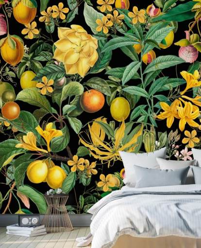 frutas amarelas e laranja em papel de parede de fundo preto