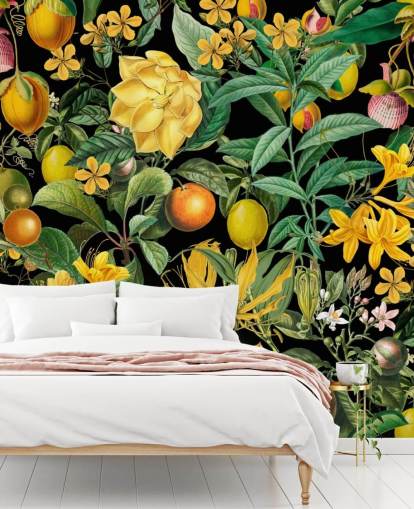 fruits jaunes et oranges sur fond noir papier peint