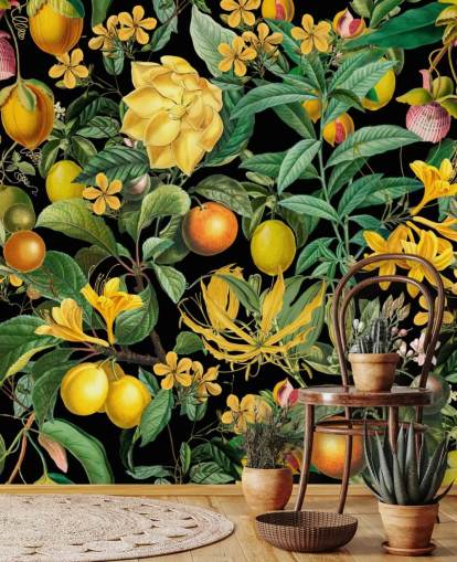 geel en oranje fruit op zwart achtergrondbehang