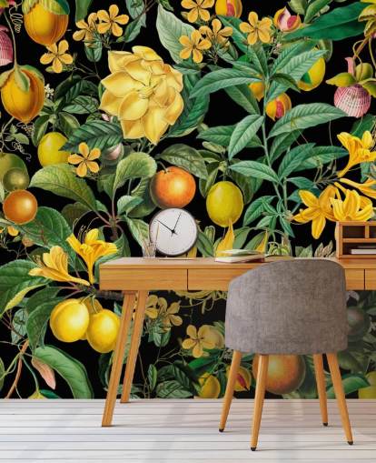 frutta gialla e arancione su sfondo nero carta da parati